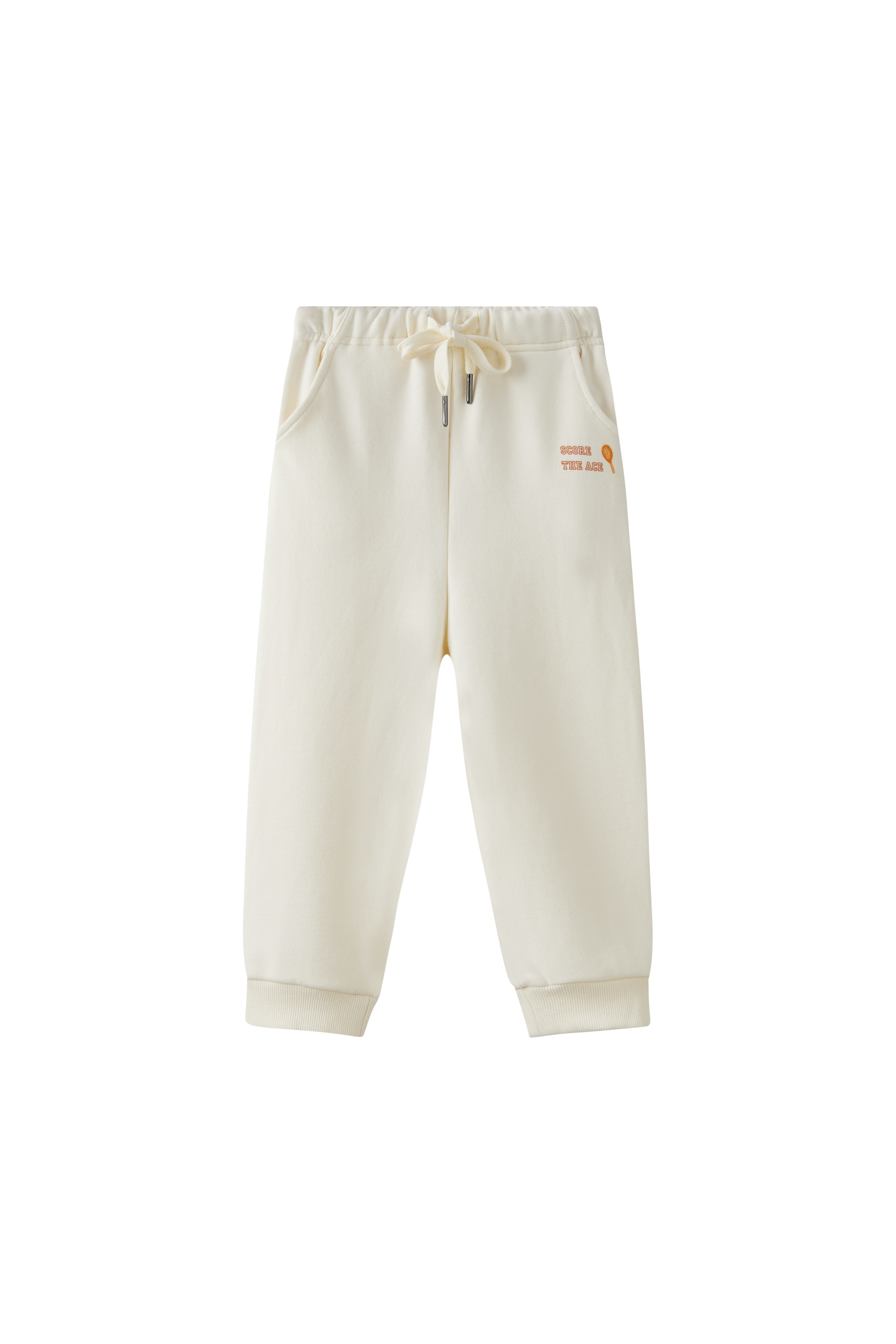 Beige sweatpants with a logo on a white background
