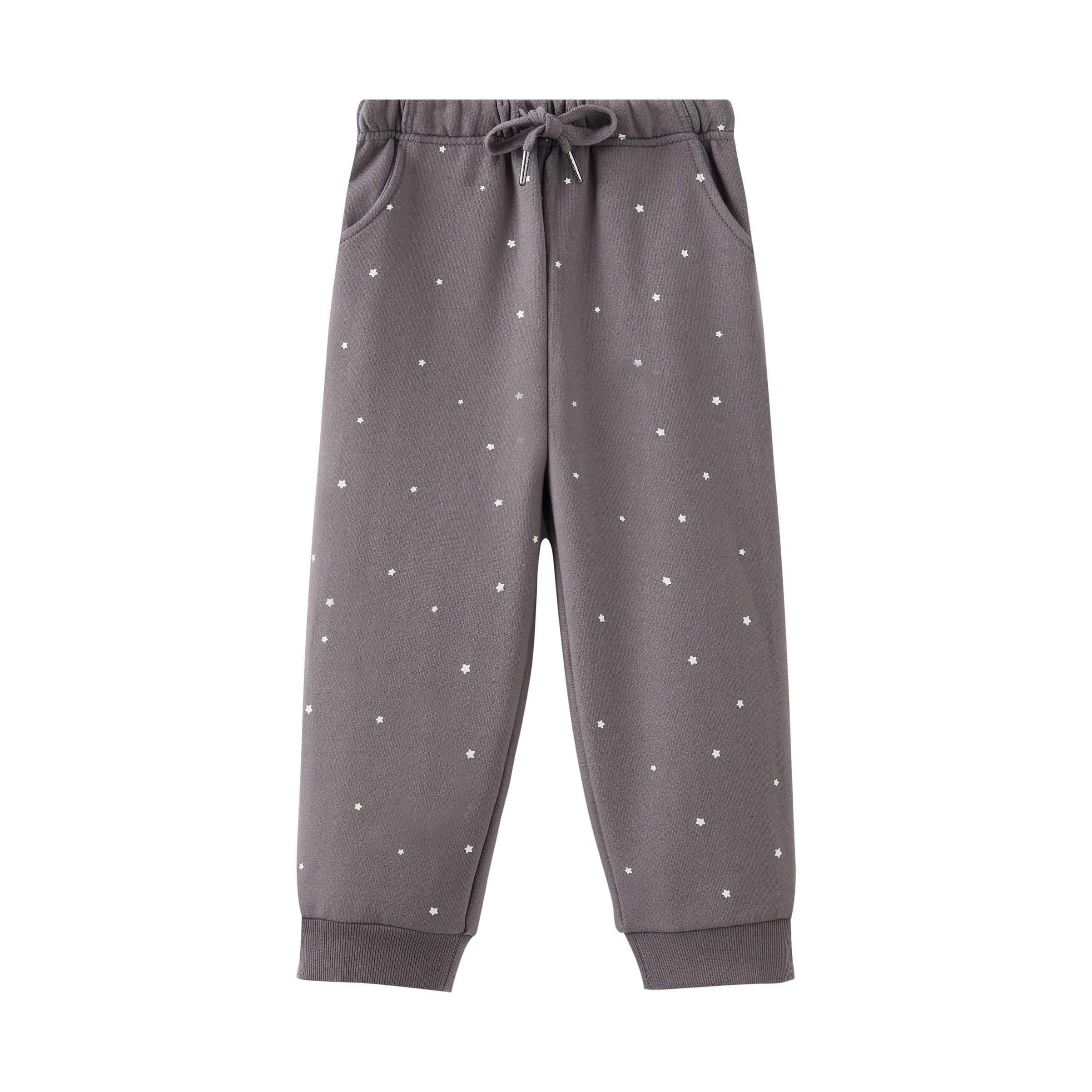 Gray sweatpants with small white patterns on a white background