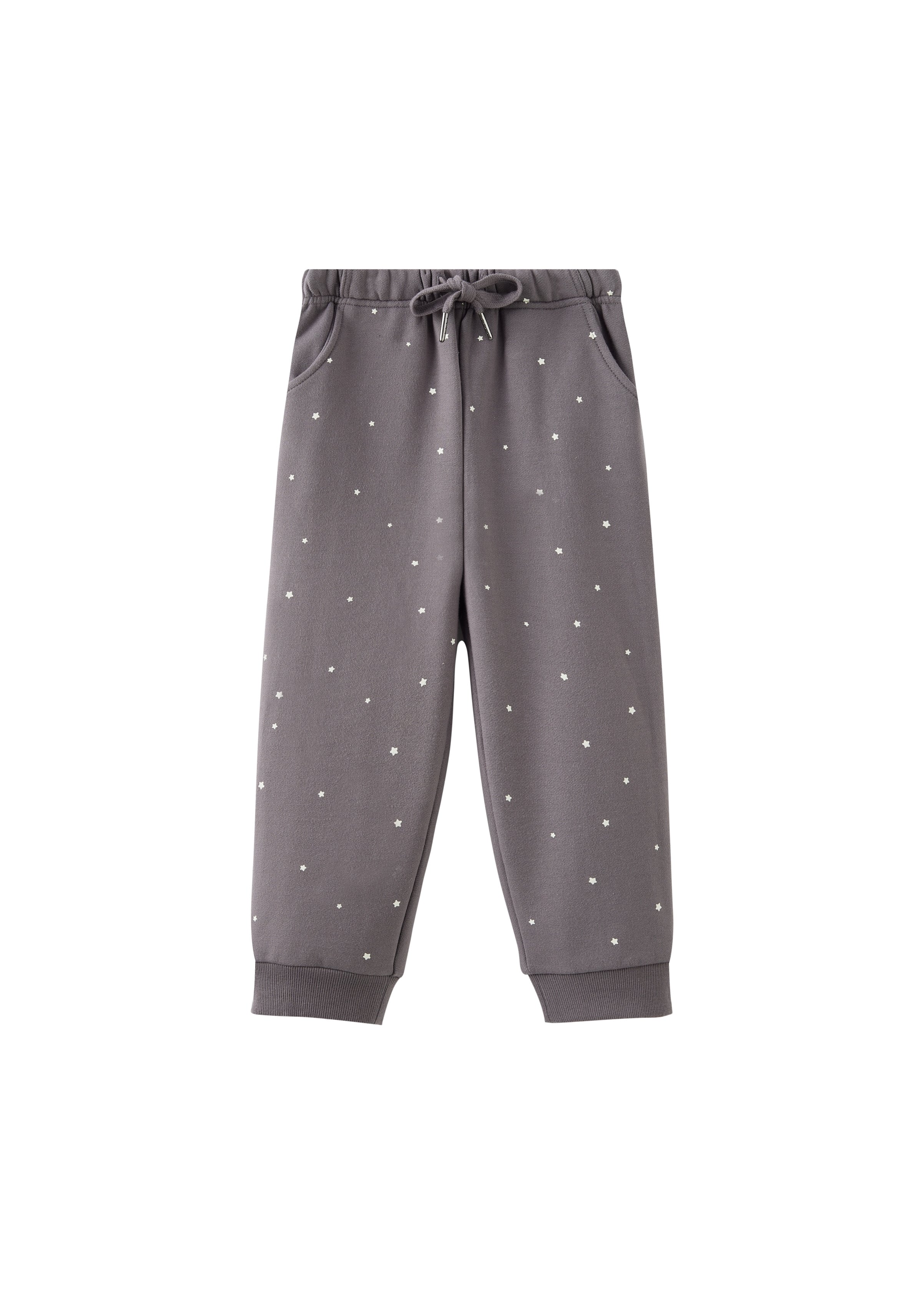 Gray sweatpants with small white patterns on a white background