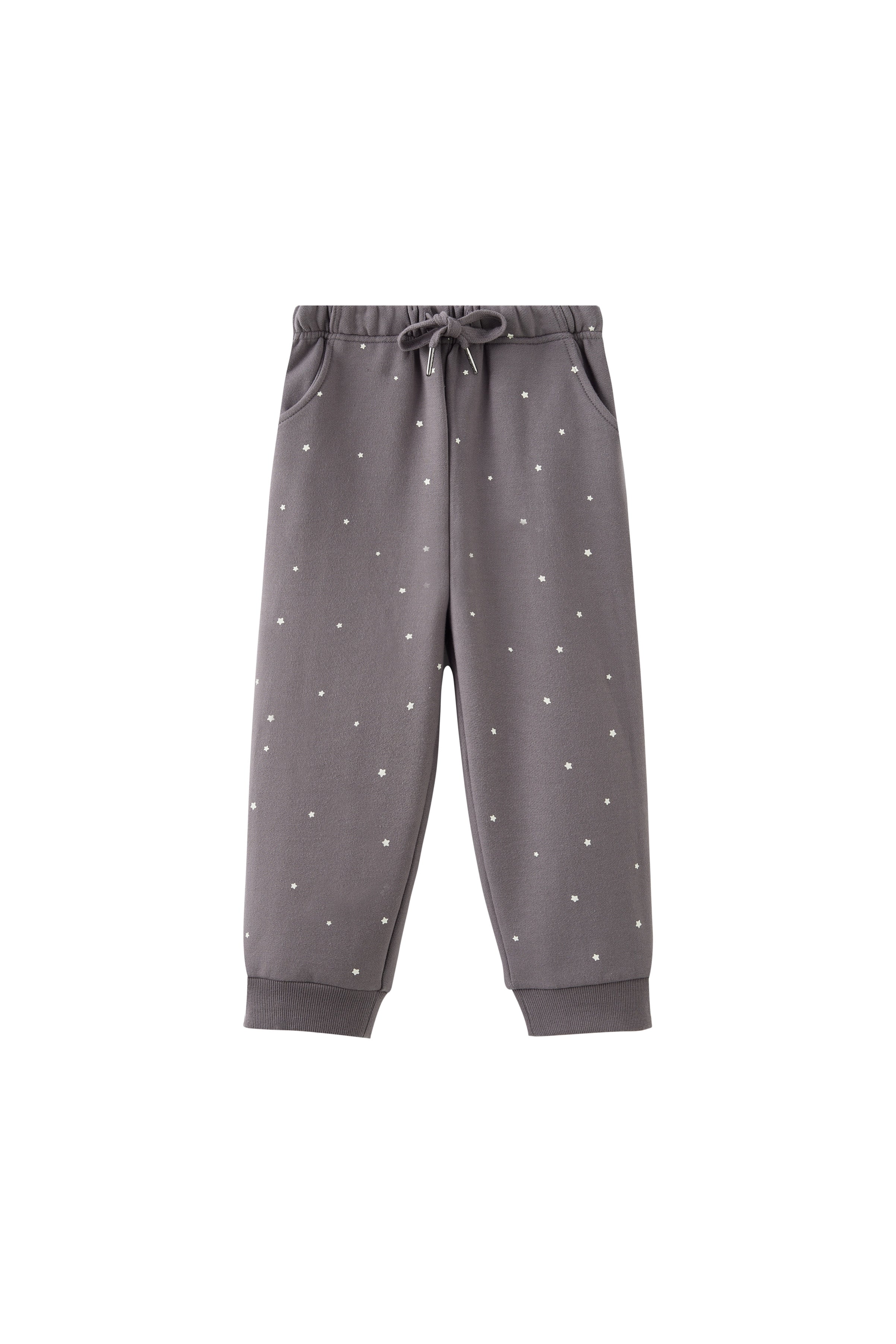 Gray sweatpants with small white patterns on a white background