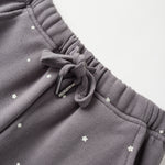 Gray sweatpants with star patterns on a light gray background