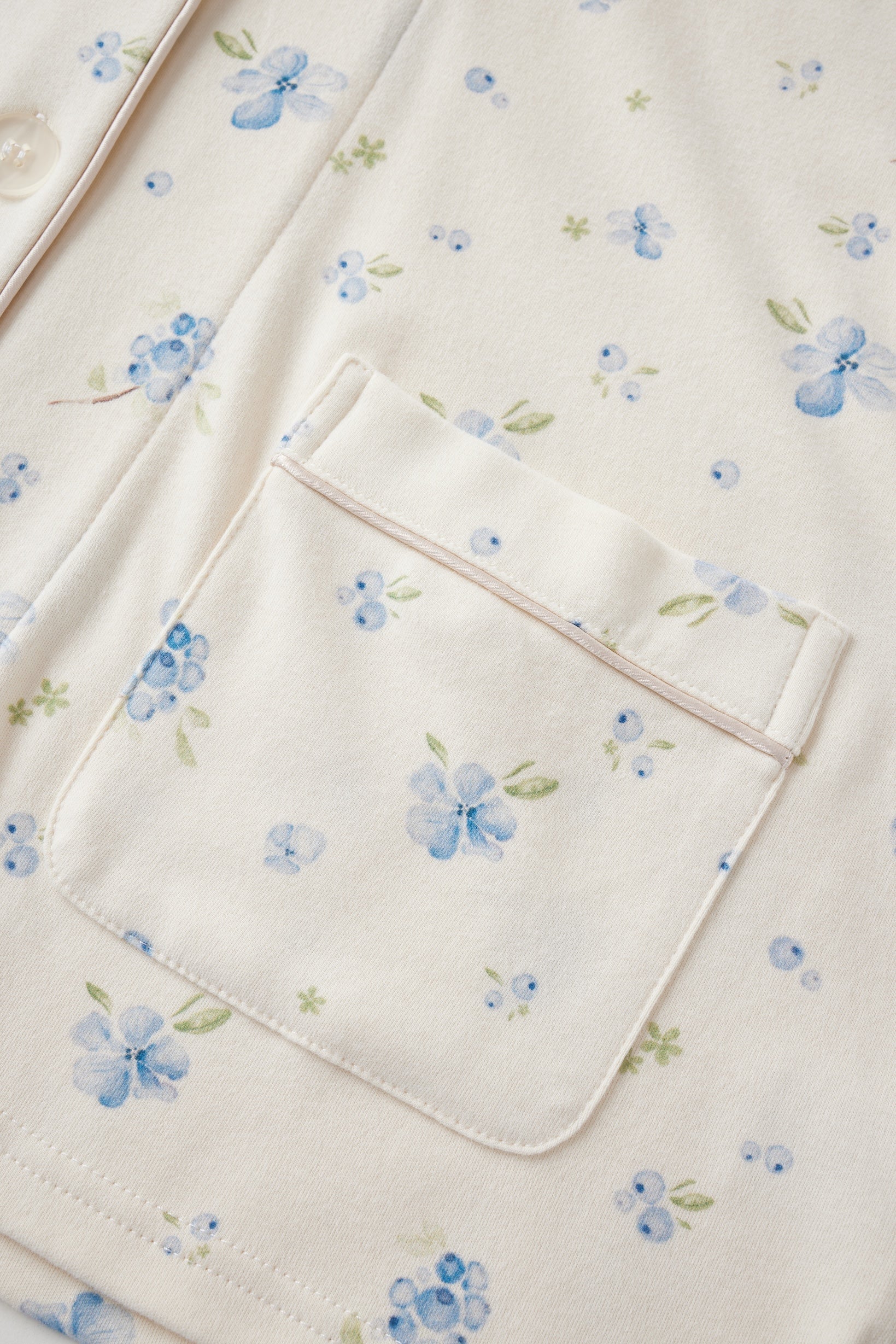 Floral patterned fabric with a pocket on a white background