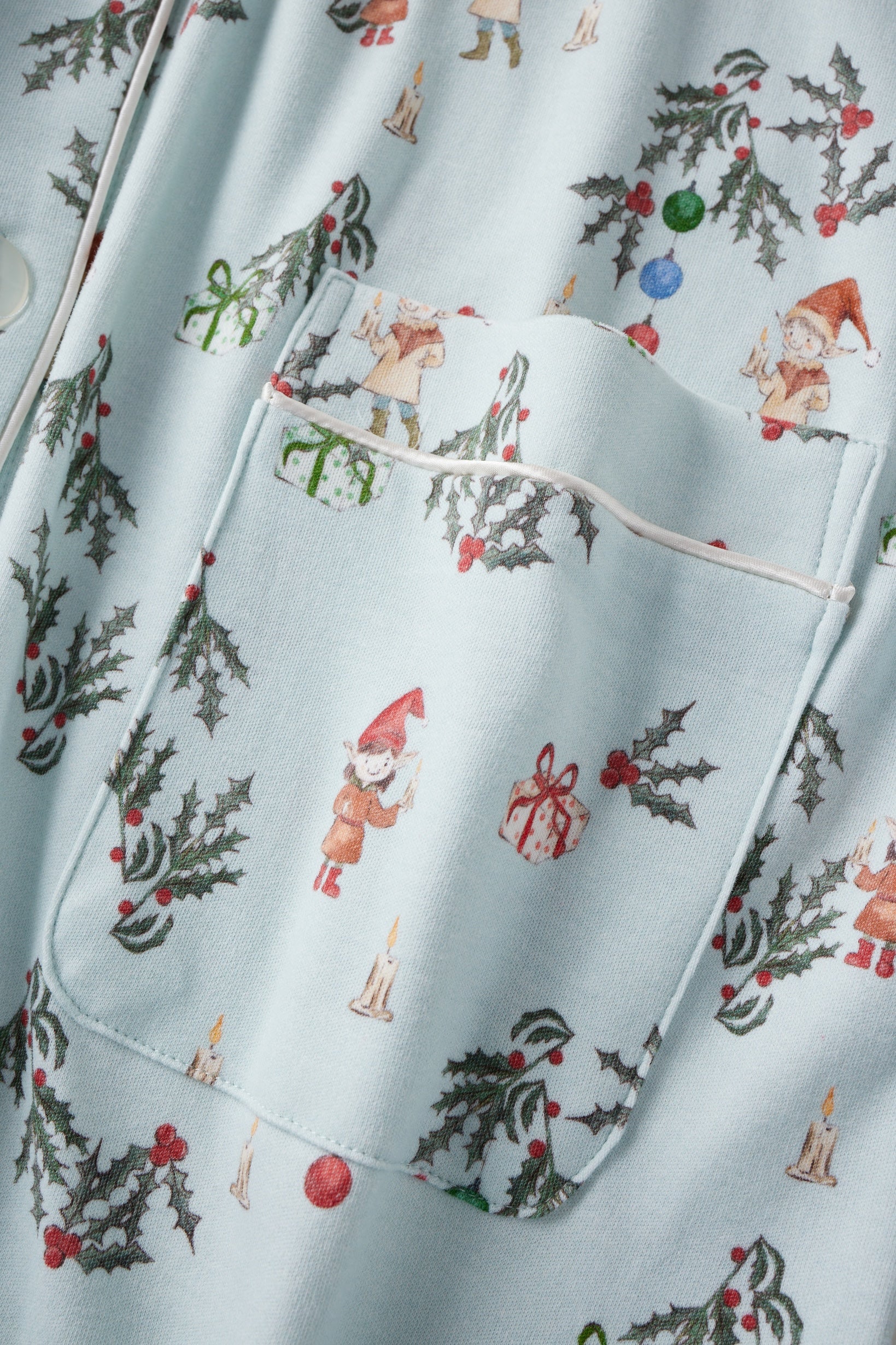 Light blue fabric with Christmas-themed gnome and jolly pattern