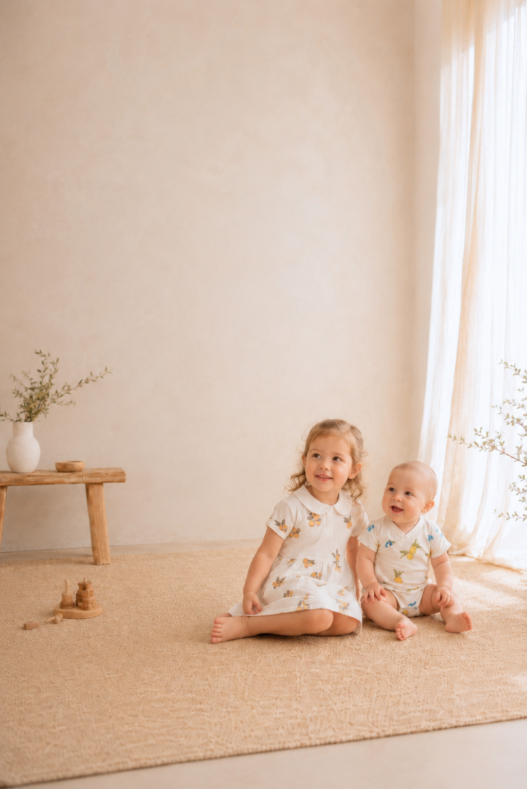 Two children sitting on a woven mat in a softly lit room.