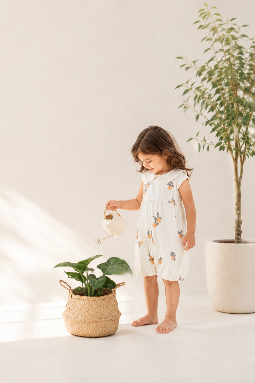 Child in a light-colored room with plants, holding a watering can.