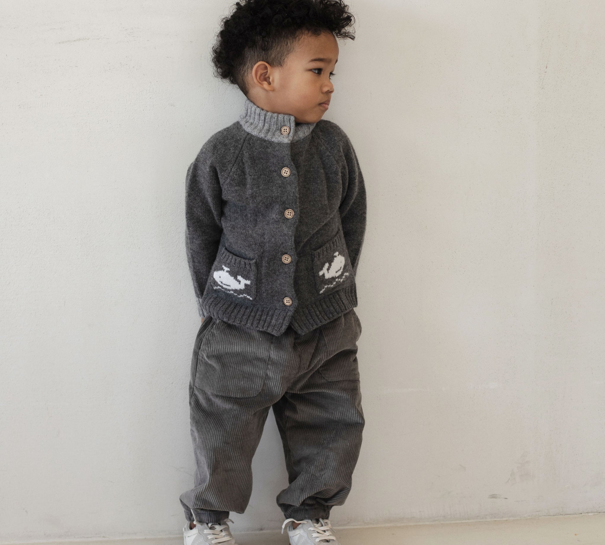 Toddler Premium Wool Cardigarn-Grey Whale