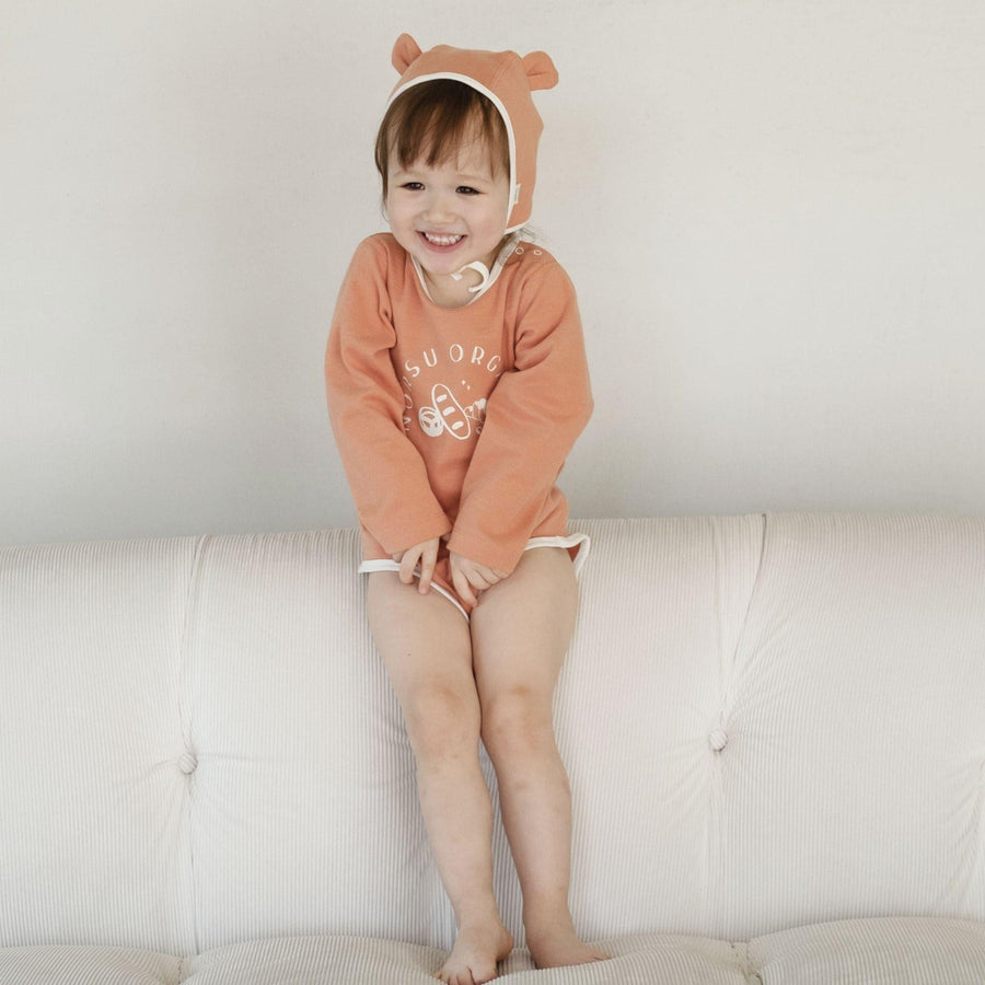 Model Wearing Organic Baby Bonnet Hat-Melon | Norsu-Organic